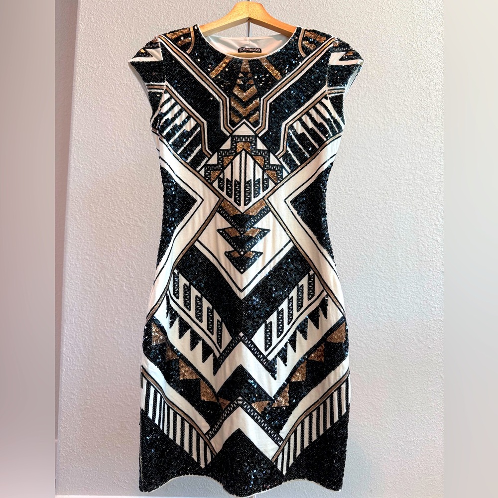 Women’s Express Black Sequined short sleeve art deco mini dress